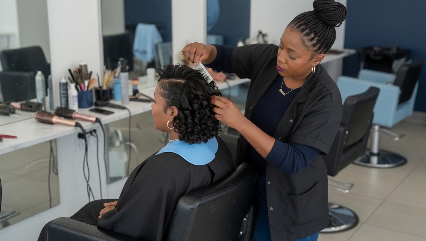 A hair stylist styling a client's curls in a modern salon