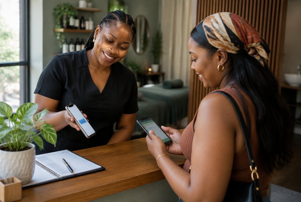 A studio owner and her client settling a booking with a payment link at the reception counter