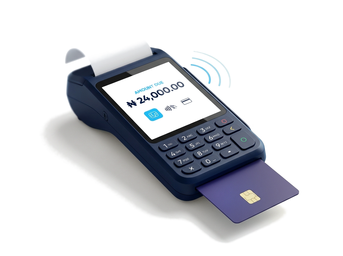 A navy Prophius POS Pulse terminal showing an amount due of ₦24,000, with a card inserted in the reader and a receipt printing.