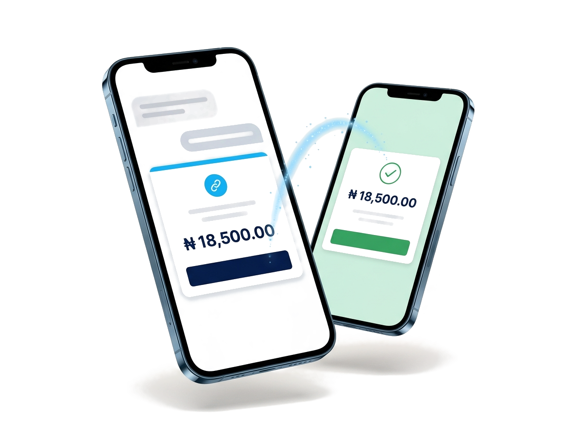 Two phones: a Prophius PayLink for ₦18,500 received in a chat on one, and the payment confirmed on the other